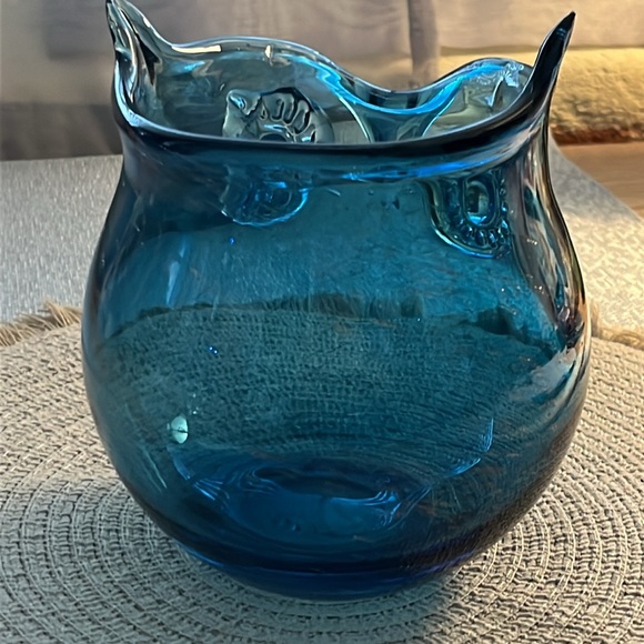 Blown Glass Owl Bowl Vase - Blue - Picture 6 of 11